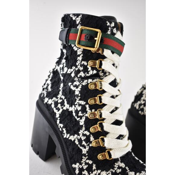Gucci Black White GG Logo Tweed Lace Up Tie Block Heel Lug Sole Combat Boot 36.5 - Picture 8 of 16